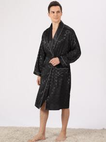 Hombres ribete en contraste con cinturón Bata de dormir & Shorts - Negro - Ver 6