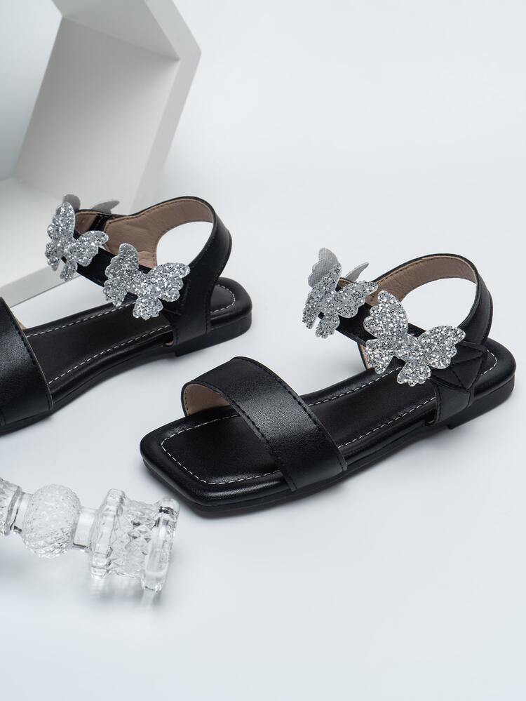 Girls Glitter Butterfly Decor Flat Sandals, Fashionable Ankle Strap Sandals For Outdoor - Black - View 3