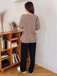 DAZY Solid Ribbed Knit Tee & Trousers PJ Set - Multicolor - View 2