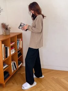 DAZY Solid Ribbed Knit Tee & Trousers PJ Set - Multicolor - View 3