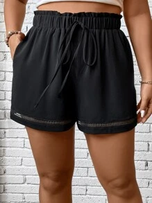 SHEIN VCAY 大碼紙袋腰前打結短褲 - 黑色 - 查看 4