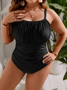 SHEIN Swim Curve Summer Beach Plus Ruched Bust One Piece Swimsuit - Black - View 3