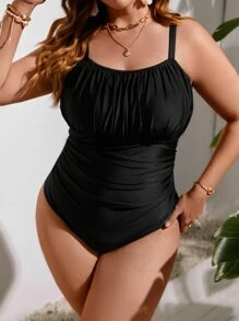 SHEIN Swim Curve Summer Beach Plus Ruched Bust One Piece Swimsuit - Black - View 4