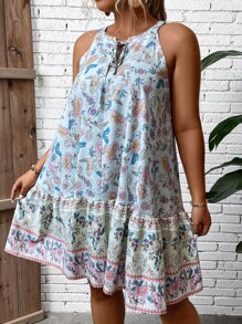 SHEIN VCAY 大碼印花繫帶領荷葉邊娃娃裙 - 彩色 - 查看 5