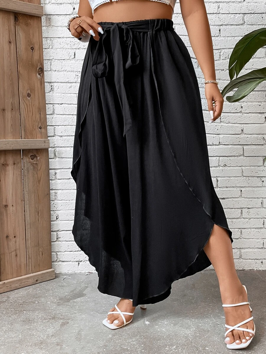 SHEIN VCAY Plus Tie Front Tulip Hem Wide Leg Trousers - Black - View 1