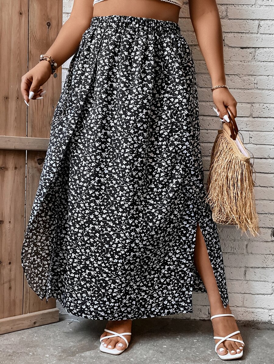 SHEIN VCAY Váy Plus Size Tách cao Họa tiết hoa Boho - Đen và trắng - Xem 1