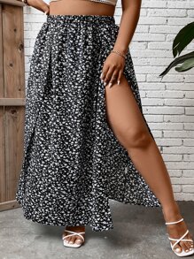 SHEIN VCAY Váy Plus Size Tách cao Họa tiết hoa Boho - Đen và trắng - Xem 3