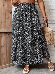 SHEIN VCAY Váy Plus Size Tách cao Họa tiết hoa Boho - Đen và trắng - Xem 4