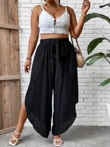 SHEIN VCAY Plus Tie Front Tulip Hem Wide Leg Trousers - Black - View 4