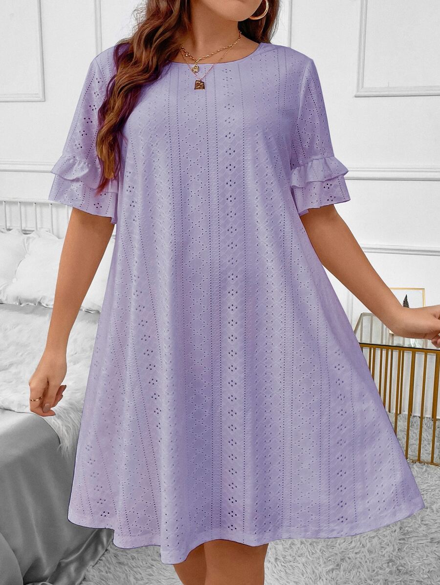 SHEIN LUNE Plus Eyelet Embroidery Flounce Sleeve Dress - Lilac Purple - View 1
