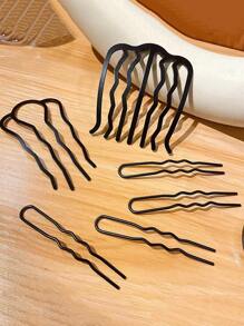 4pcs Wave Design Hair Pin & 2pcs Hair Comb Street Hair Bun Hair Bun Maker Bun Hair Piece Hair Styling Pins, School Stuff, Hair Accessories, Head Accessories - Black - View 1