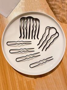 4pcs Wave Design Hair Pin & 2pcs Hair Comb Street Hair Bun Hair Bun Maker Bun Hair Piece Hair Styling Pins, School Stuff, Hair Accessories, Head Accessories - Black - View 2