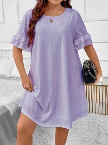 SHEIN LUNE Plus Eyelet Embroidery Flounce Sleeve Dress - Lilac Purple - View 3