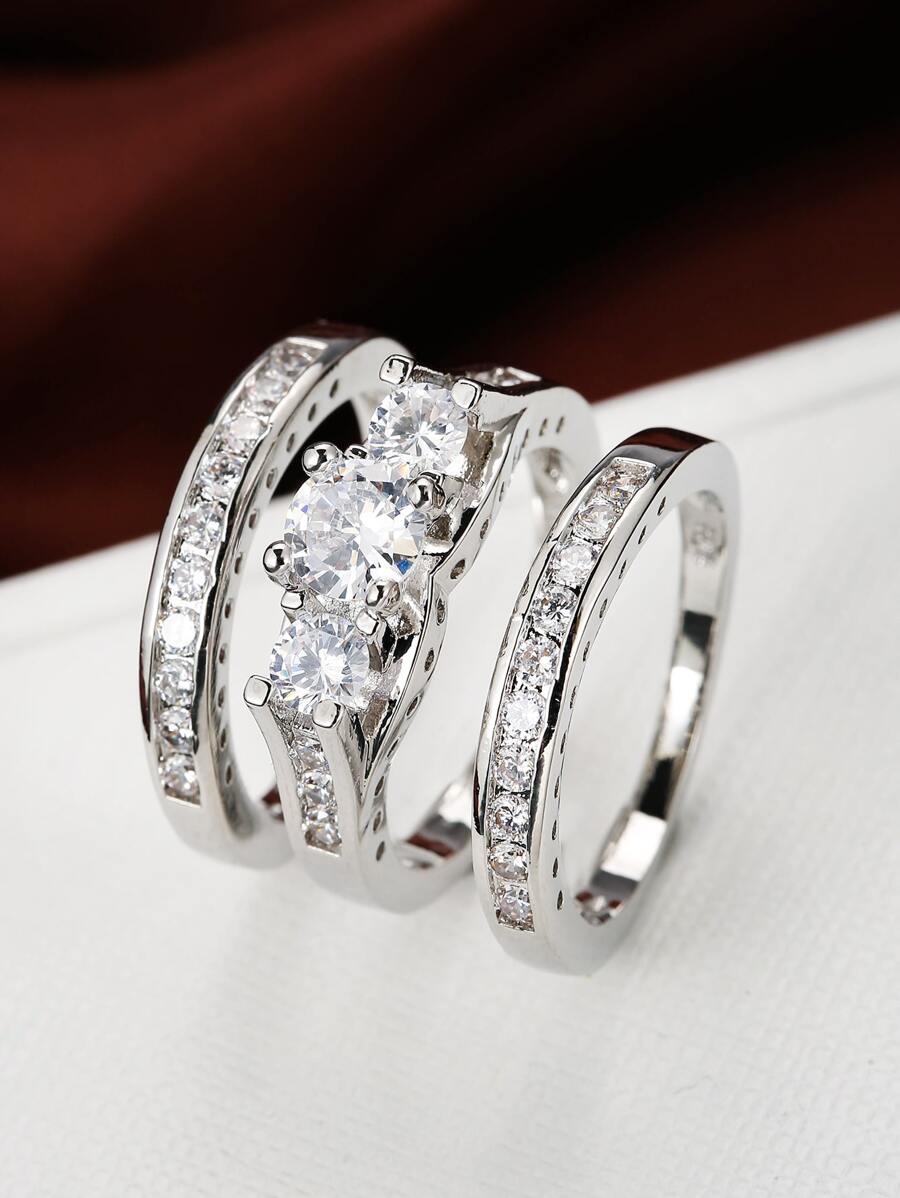 3 piezas/set Anillo zirconia cúbica - Plateado - Ver 1