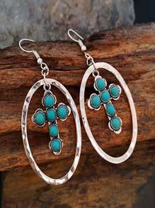 Hoa tai hình bầu dục trang trí hình chữ thập màu ngọc lam - Màu xanh lam - Xem 2