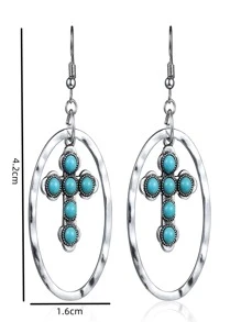 Hoa tai hình bầu dục trang trí hình chữ thập màu ngọc lam - Màu xanh lam - Xem 3