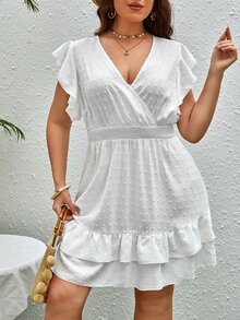 SHEIN VCAY Plus Swiss Dot Ruffle Trim Layered Hem Dress - White - View 5