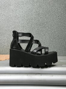 女士交叉坡跟優雅黑色踝帶坡跟涼鞋 - 黑色 - 查看 3