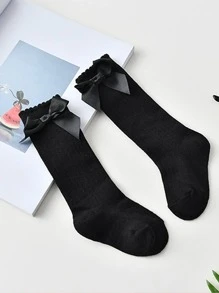 1對女童純色膝上高襪，蝴蝶結裝飾，校園風格 - 黑色 - 查看 3