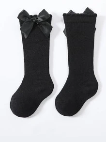 1對女童純色膝上高襪，蝴蝶結裝飾，校園風格 - 黑色 - 查看 4
