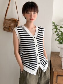 DAZY 條紋圖案前紐扣毛衣背心 - 黑與白 - 查看 7