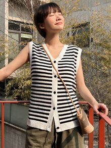 DAZY 條紋圖案前紐扣毛衣背心 - 黑與白 - 查看 3