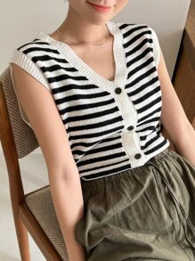 DAZY 條紋圖案前紐扣毛衣背心 - 黑與白 - 查看 5
