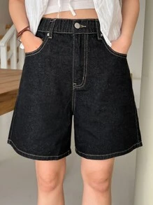 DAZY Cao eo Khâu trên cùng quần ống rộng Quần short Denim - màu đen - Xem 4