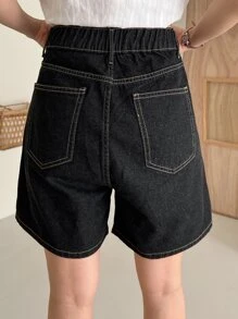 DAZY Cao eo Khâu trên cùng quần ống rộng Quần short Denim - màu đen - Xem 2