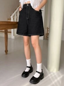 DAZY Cao eo Khâu trên cùng quần ống rộng Quần short Denim - màu đen - Xem 8