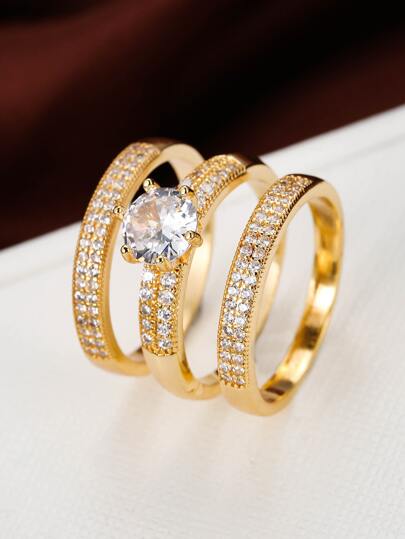 3件套女士方晶锆石可叠戴戒指