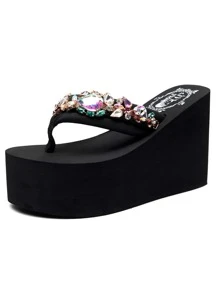 Women Rhinestone Decor Flip Flops, Glamorous Black Polyester Toe Post Flip Flops