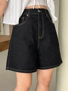 DAZY Cao eo Khâu trên cùng quần ống rộng Quần short Denim - màu đen - Xem 3