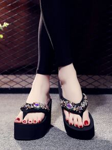 Women Rhinestone Decor Flip Flops, Glamorous Black Polyester Toe Post Flip Flops