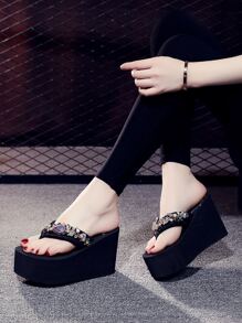 Women Rhinestone Decor Flip Flops, Glamorous Black Polyester Toe Post Flip Flops