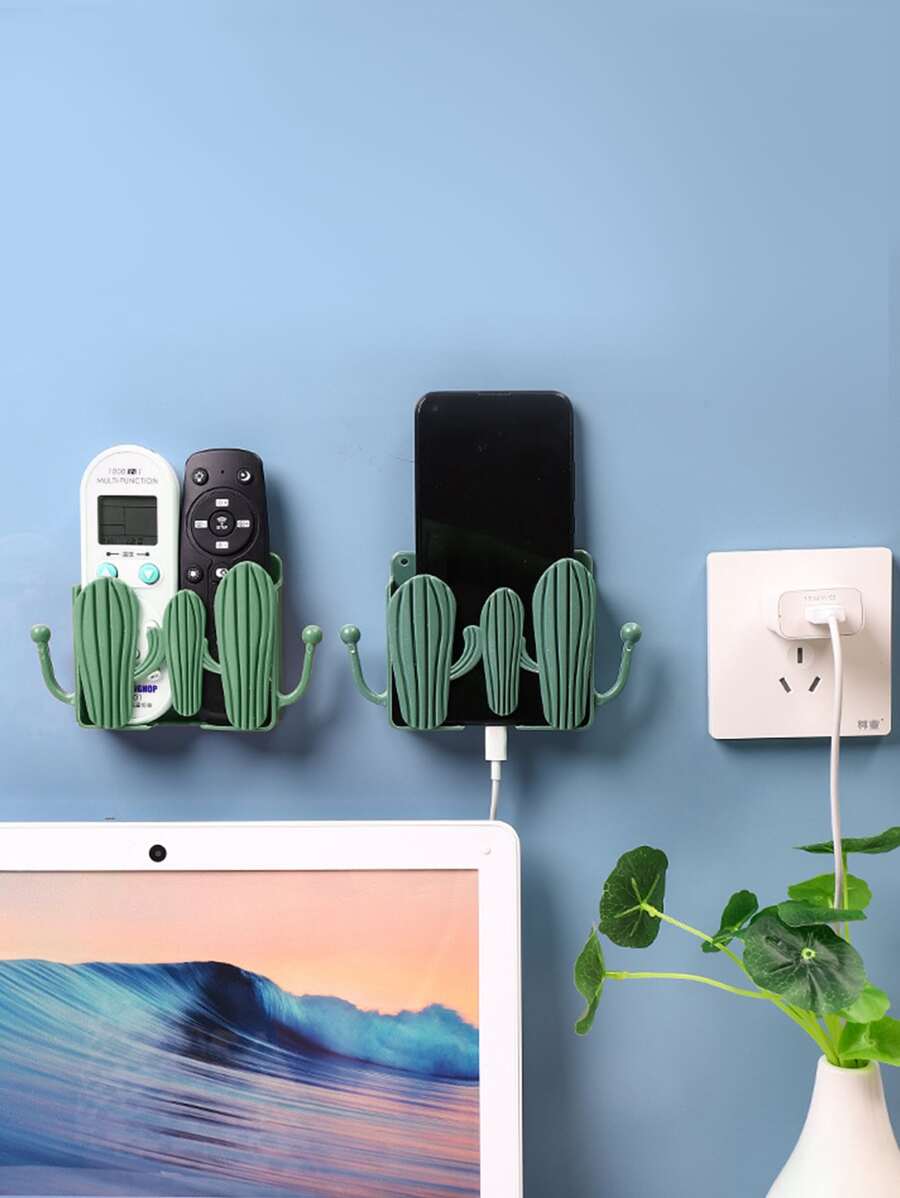 1pc Plastic Storage Rack, Creative Cactus Design Wall Mounted Remote Control Storage Box For Home - Green - View 1