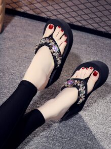 Women Rhinestone Decor Flip Flops, Glamorous Black Polyester Toe Post Flip Flops