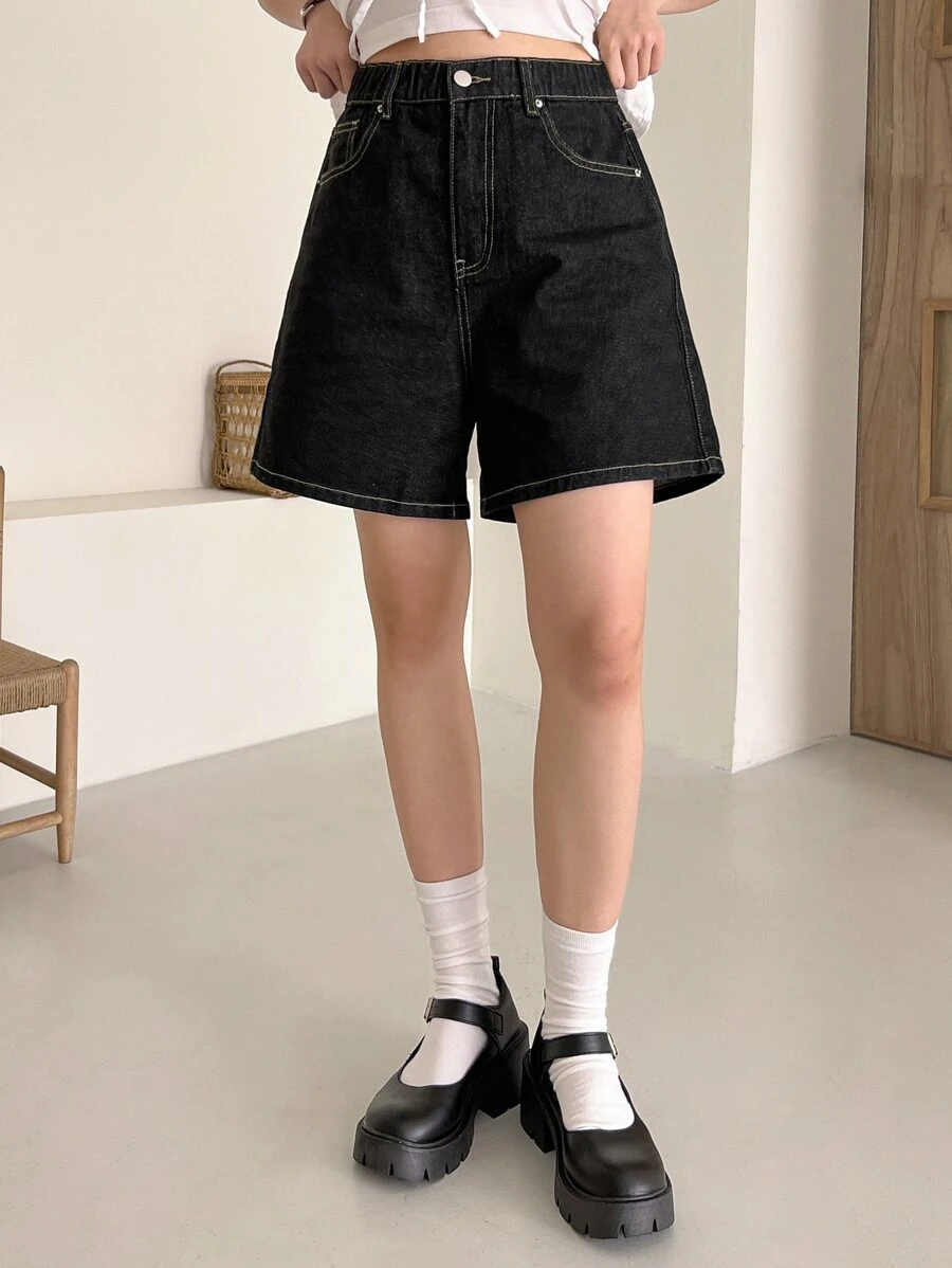DAZY Cao eo Khâu trên cùng quần ống rộng Quần short Denim - màu đen - Xem 1