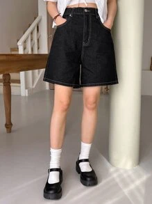 DAZY Cao eo Khâu trên cùng quần ống rộng Quần short Denim - màu đen - Xem 6