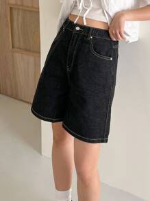 DAZY Cao eo Khâu trên cùng quần ống rộng Quần short Denim - màu đen - Xem 7