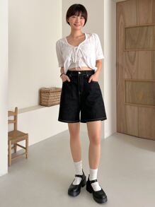 DAZY Cao eo Khâu trên cùng quần ống rộng Quần short Denim - màu đen - Xem 5