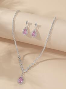 3pcs/set Rhinestone Water-drop Decor Jewelry Set - Pink - View 2
