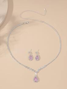3pcs/set Rhinestone Water-drop Decor Jewelry Set - Pink - View 4