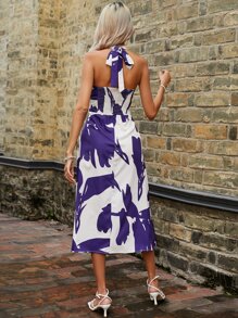 SHEIN LUNE Graphic Print Tie Backless Halter Neck Backless Dress - White - View 3