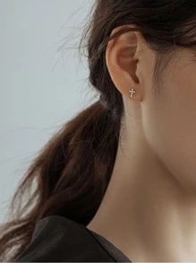 Rhinestone Cross Decor Earrings - Silver - View 3