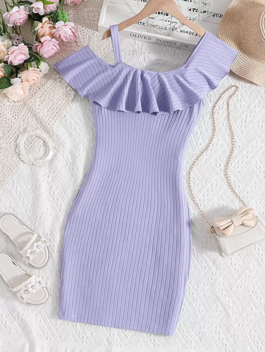 Teen Girls Asymmetrical Neck Ruffle Trim Rib-knit Dress - Purple - View 1