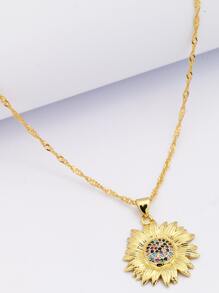 Random Color Cubic Zirconia Decor Sunflower Pendant Necklace - Yellow Gold - View 1
