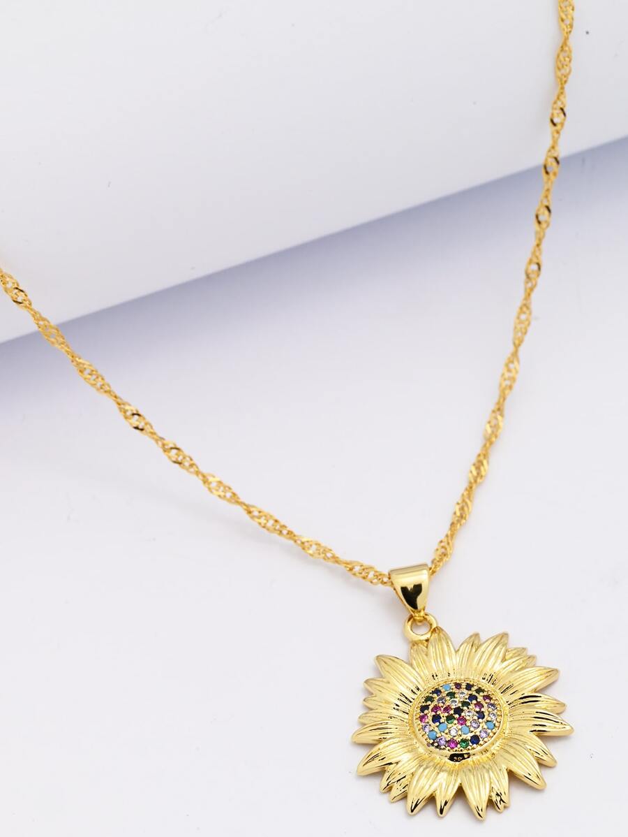 Random Color Cubic Zirconia Decor Sunflower Pendant Necklace - Yellow Gold - View 1