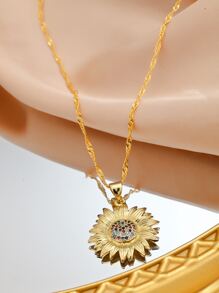 Random Color Cubic Zirconia Decor Sunflower Pendant Necklace - Yellow Gold - View 2