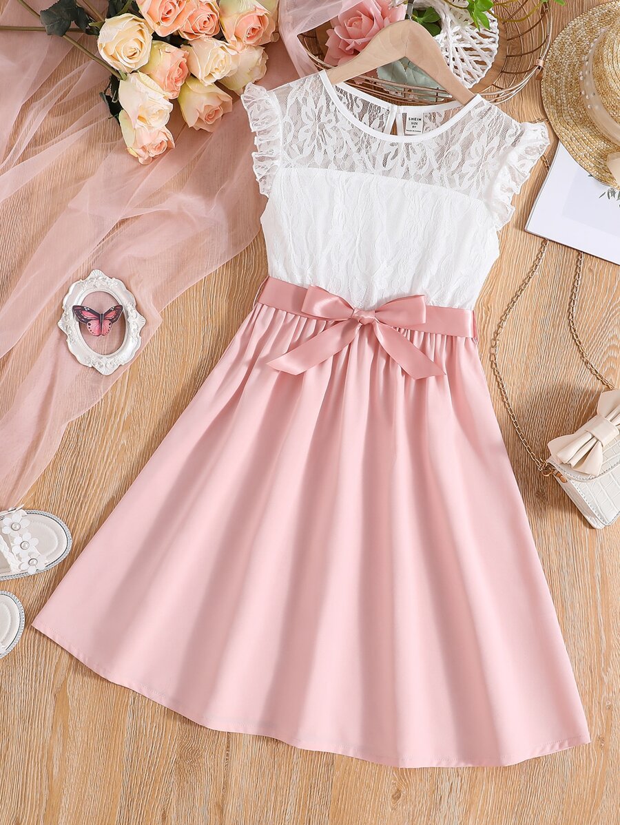 SHEIN Chicas Vestido con cinturón con encaje en contraste ribete con fruncido - Multicolor - Ver 1